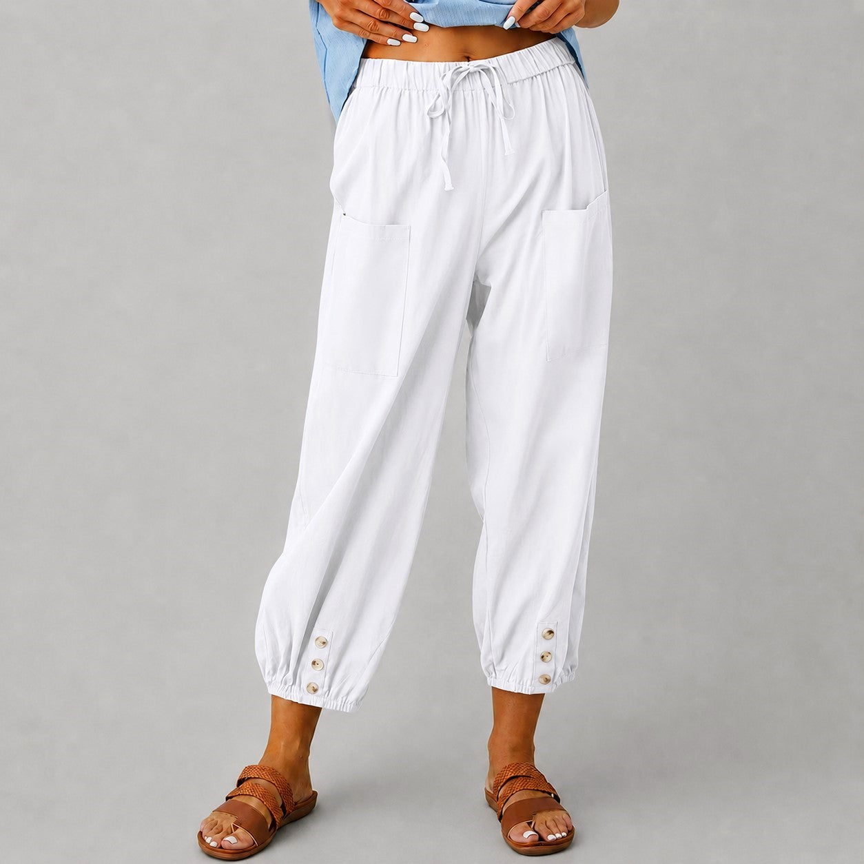 Margaret - Women's Drawstring Button Cuff Linen Pants