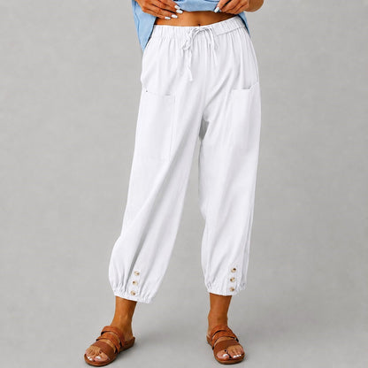 Margaret - Women's Drawstring Button Cuff Linen Pants