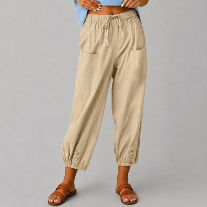 Margaret - Women's Drawstring Button Cuff Linen Pants