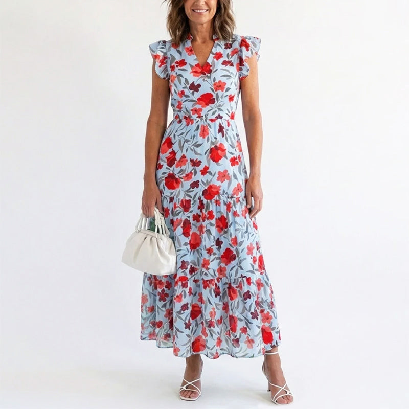 Margot - Women’s Floral V-Neck Ruffle Sleeve Dress