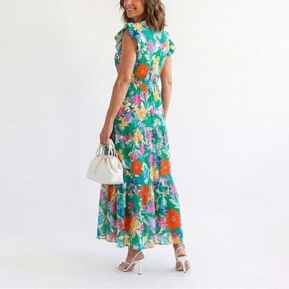 Margot - Women’s Floral V-Neck Ruffle Sleeve Dress