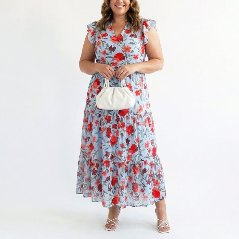 Margot - Women’s Floral V-Neck Ruffle Sleeve Dress