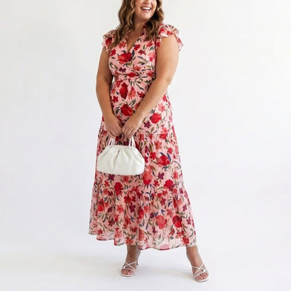 Margot - Women’s Floral V-Neck Ruffle Sleeve Dress