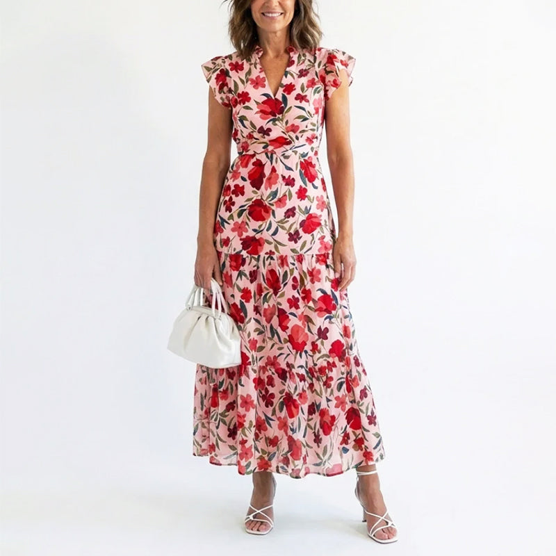 Margot - Women’s Floral V-Neck Ruffle Sleeve Dress