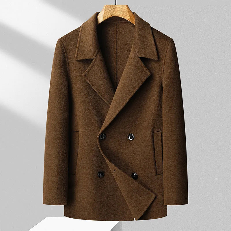 Men’s Double-Breasted Wool Blend Coat with Lapel Collar