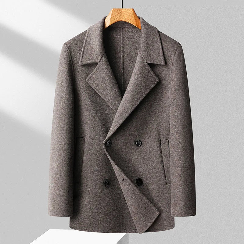 Men’s Double-Breasted Wool Blend Coat with Lapel Collar