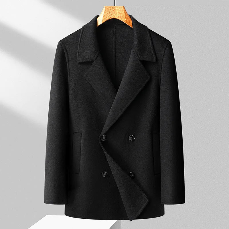 Men’s Double-Breasted Wool Blend Coat with Lapel Collar