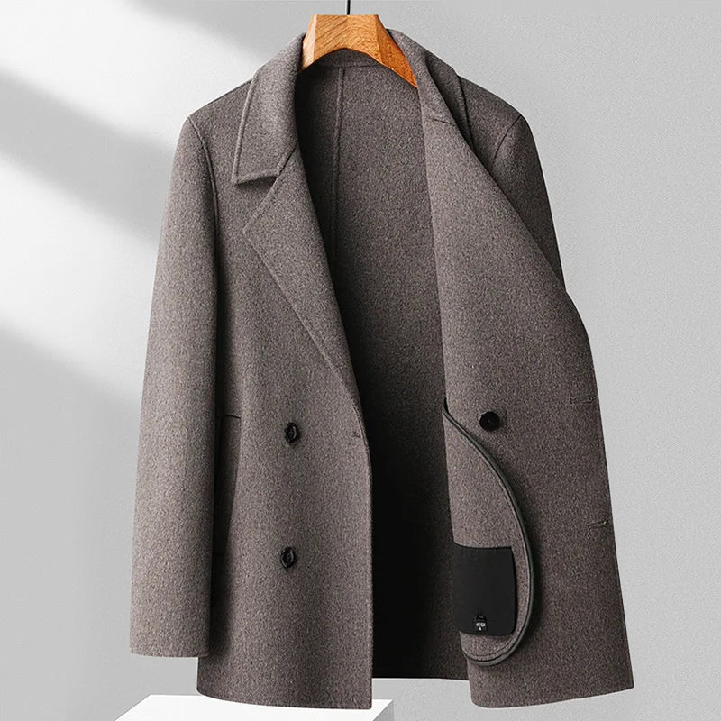 Men’s Double-Breasted Wool Blend Coat with Lapel Collar