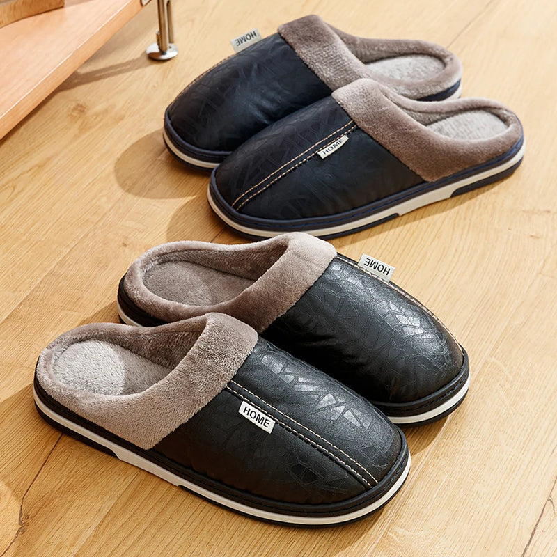 Men’s Faux Leather Indoor Slippers with Plush Lining