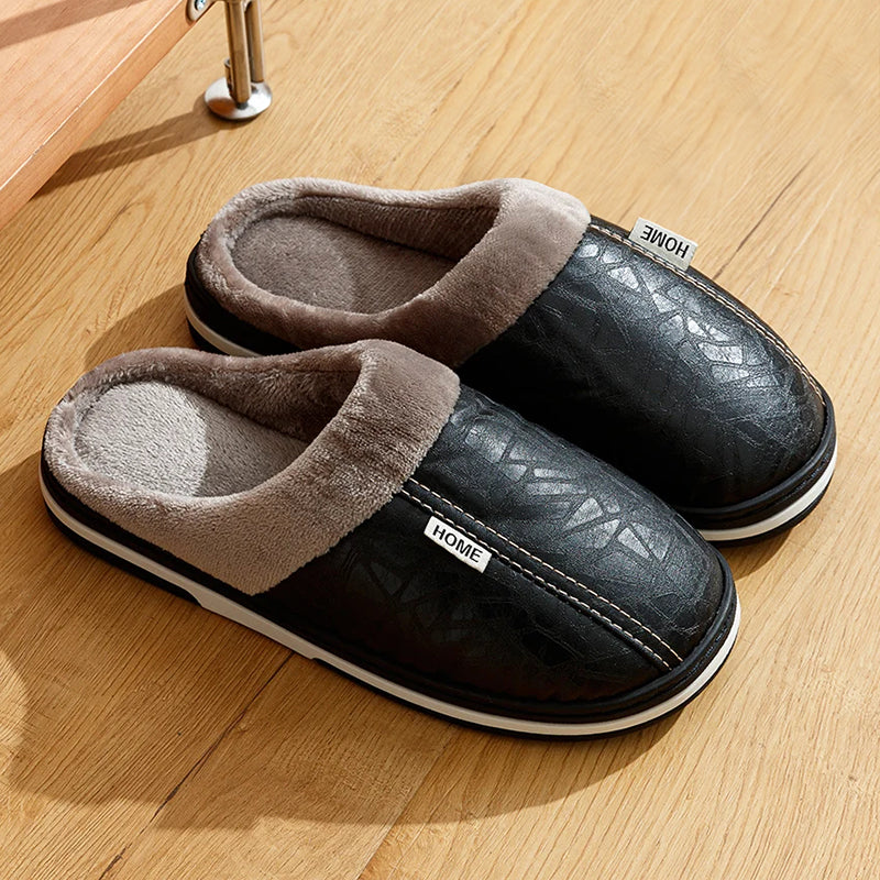 Men’s Faux Leather Indoor Slippers with Plush Lining