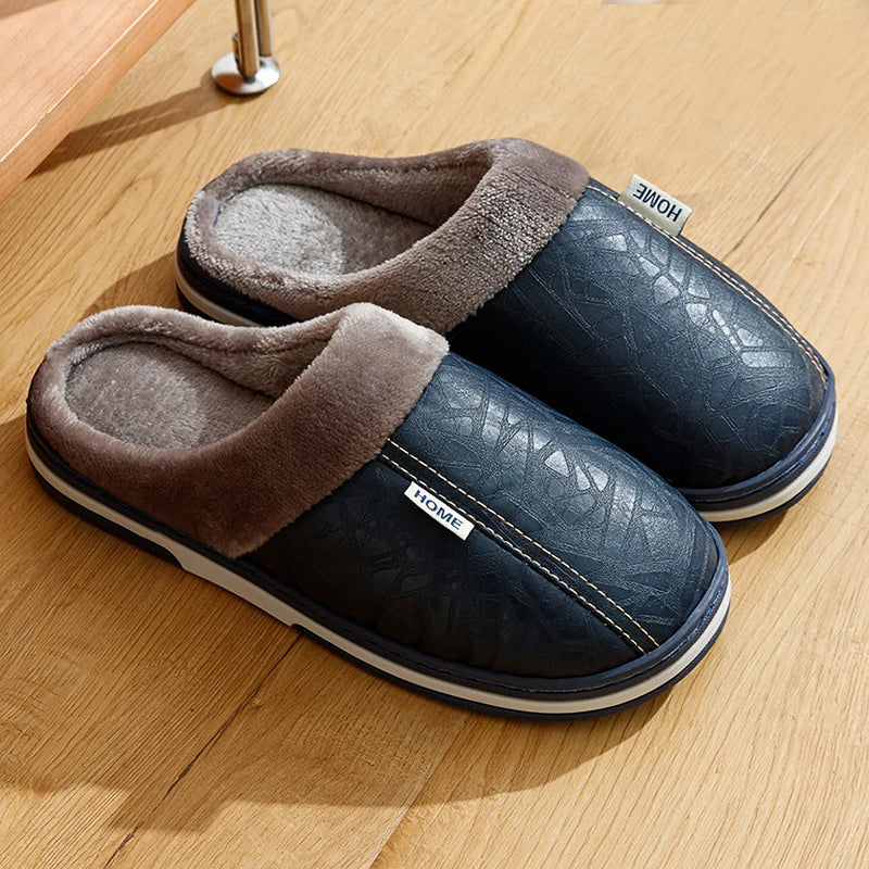 Men’s Faux Leather Indoor Slippers with Plush Lining