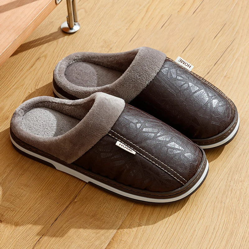 Men’s Faux Leather Indoor Slippers with Plush Lining
