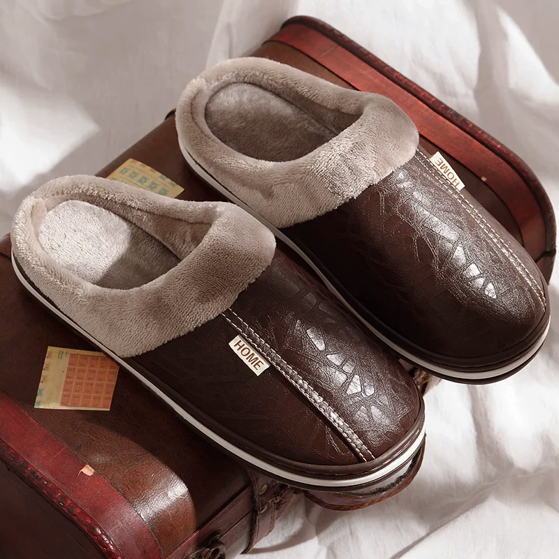 Men’s Faux Leather Slip-On Home Slippers with Plush Lining