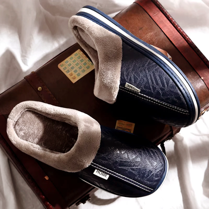 Men’s Faux Leather Slip-On Home Slippers with Plush Lining