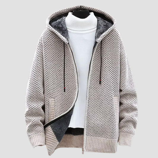 Men’s Fleece-Lined Jacquard Knit Hoodie with Zip Front