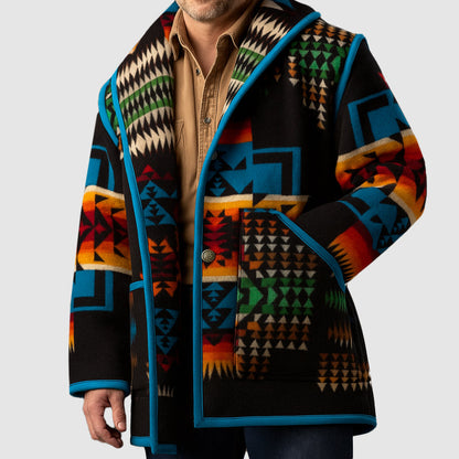 Men’s Geometric Tribal Print Coat with Button Front