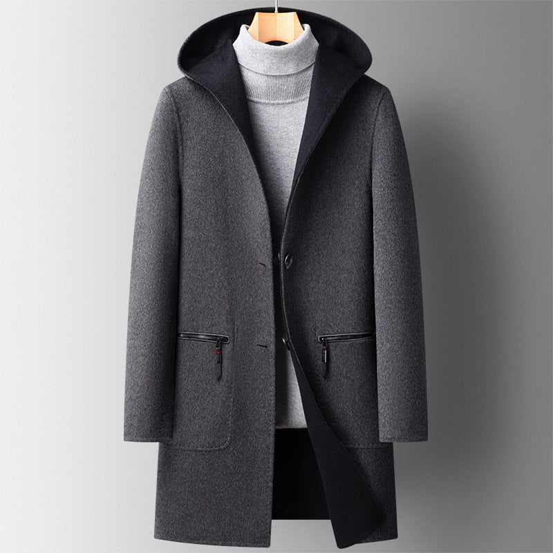 Men’s Hooded Wool-Blend Coat with Reversible Design