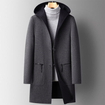 Men’s Hooded Wool-Blend Coat with Reversible Design