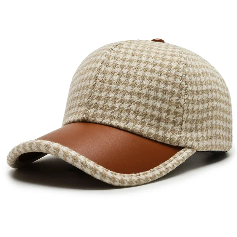 Men’s Houndstooth Cap with Faux Leather Detailing