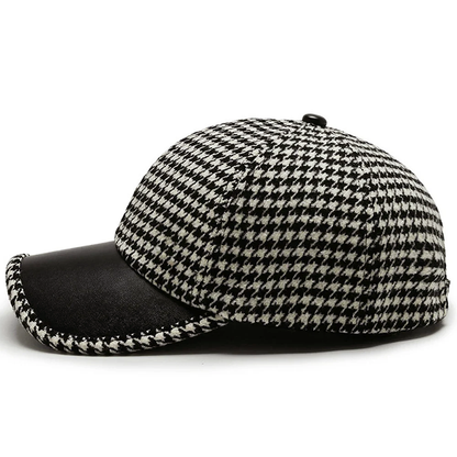 Men’s Houndstooth Cap with Faux Leather Detailing