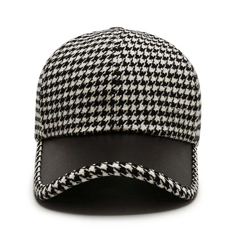 Men’s Houndstooth Cap with Faux Leather Detailing