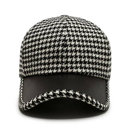 Men’s Houndstooth Cap with Faux Leather Detailing