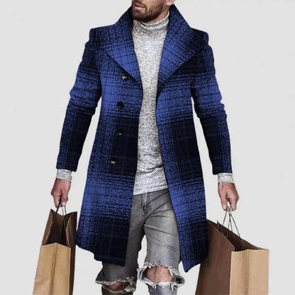 Men’s Long Plaid Coat with Notched Lapel and Button Closure