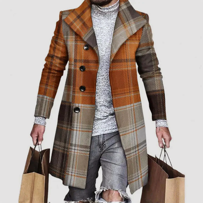 Men’s Long Plaid Coat with Notched Lapel and Button Closure