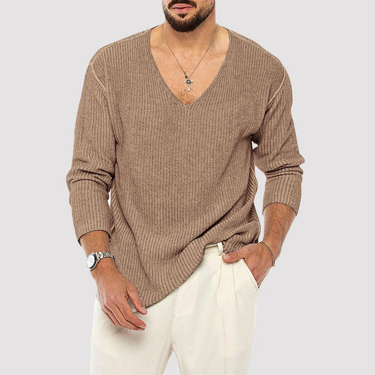 Men’s Ribbed Knit Sweater with V-Neckline