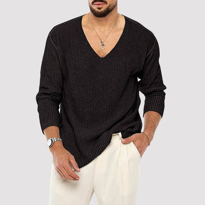 Men’s Ribbed Knit Sweater with V-Neckline