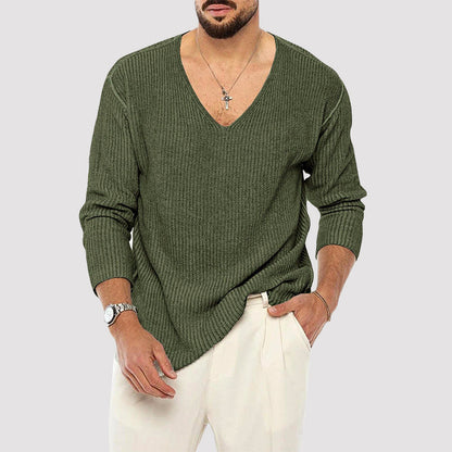 Men’s Ribbed Knit Sweater with V-Neckline
