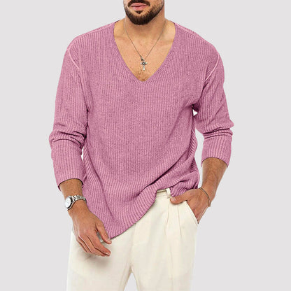 Men’s Ribbed Knit Sweater with V-Neckline