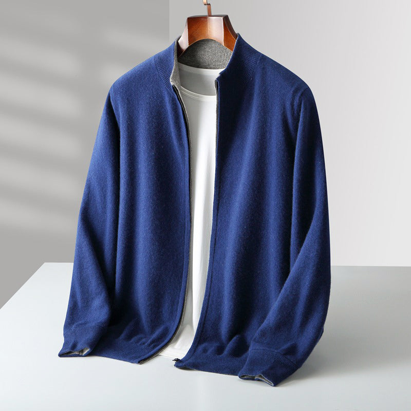 Men’s Wool Zip-Up Cardigan with Stand Collar