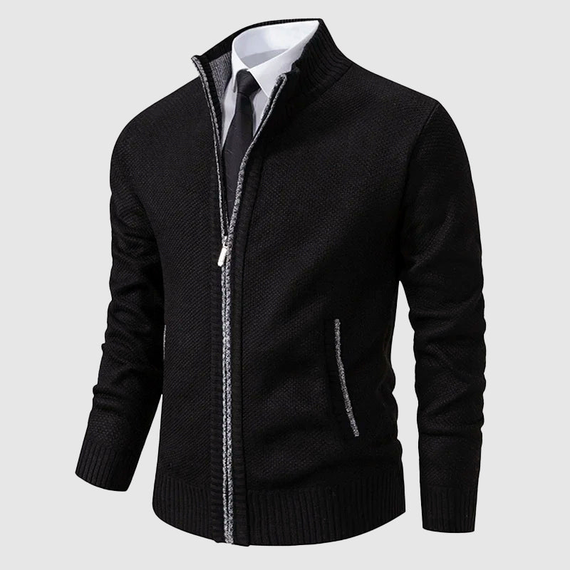 Men’s Zip-Up Knit Cardigan with Stand Collar and Pockets