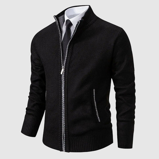 Men’s Zip-Up Knit Cardigan with Stand Collar and Pockets