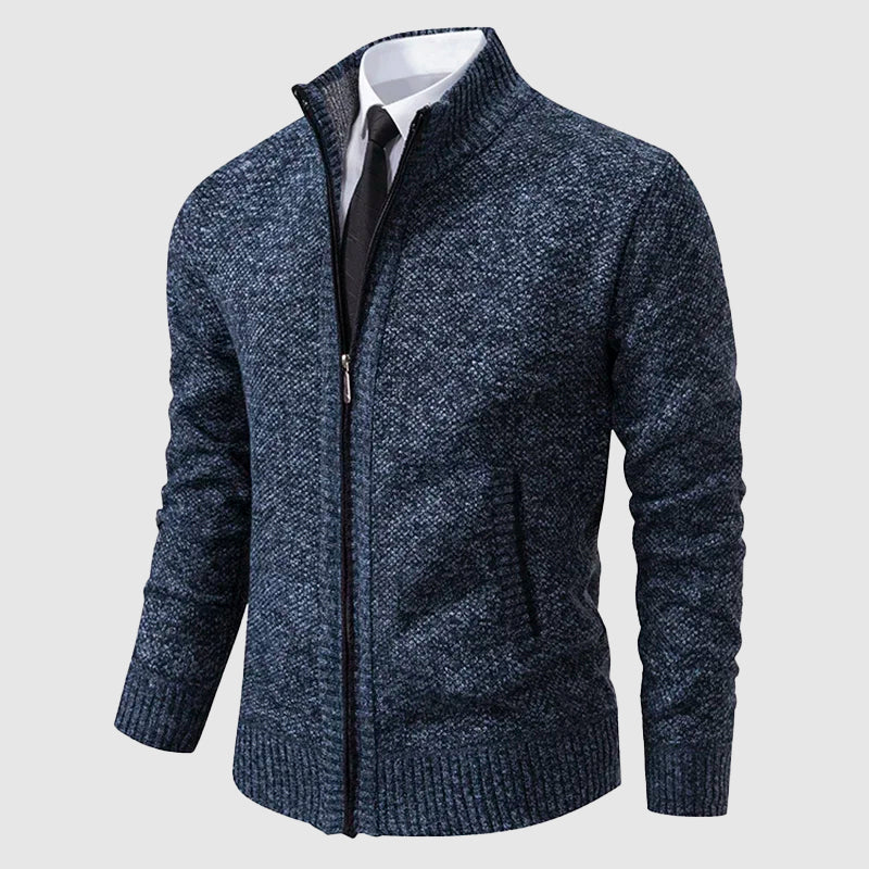 Men’s Zip-Up Knit Cardigan with Stand Collar and Pockets