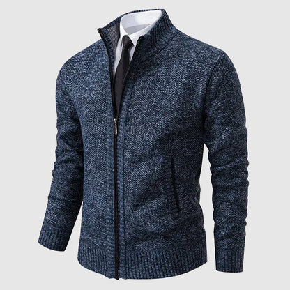 Men’s Zip-Up Knit Cardigan with Stand Collar and Pockets