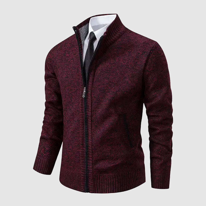 Men’s Zip-Up Knit Cardigan with Stand Collar and Pockets