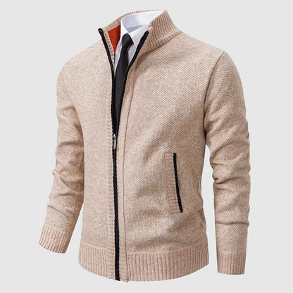 Men’s Zip-Up Knit Cardigan with Stand Collar and Pockets