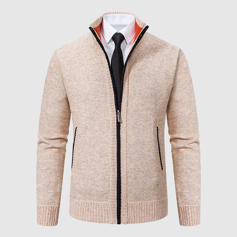 Men’s Zip-Up Knit Cardigan with Stand Collar and Pockets