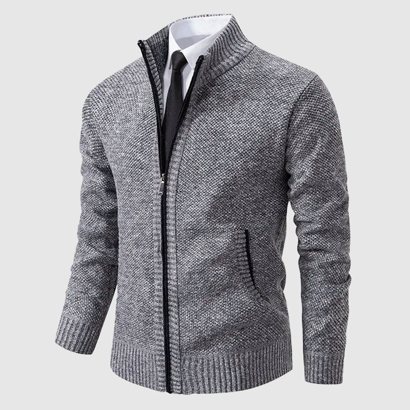 Men’s Zip-Up Knit Cardigan with Stand Collar and Pockets
