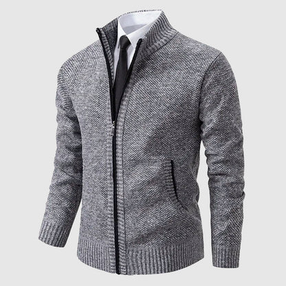 Men’s Zip-Up Knit Cardigan with Stand Collar and Pockets
