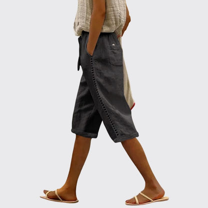 Michelle - Women's Lace Trim Drawstring Linen Shorts