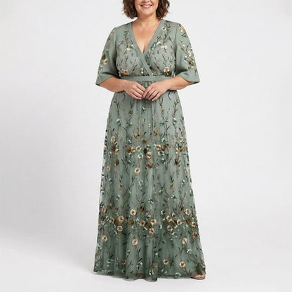 Millie - Women’s Embroidered Floral V-Neck Maxi Dress