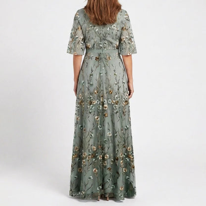 Millie - Women’s Embroidered Floral V-Neck Maxi Dress