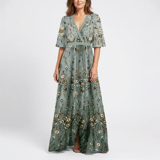 Millie - Women’s Embroidered Floral V-Neck Maxi Dress