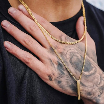 Minimalist Double Chain Necklace with Bar Pendant