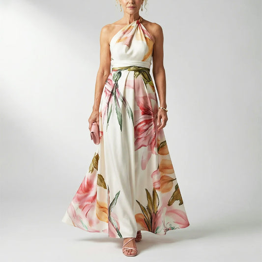 Quinn - Women’s Draped Halter Floral Evening Dress