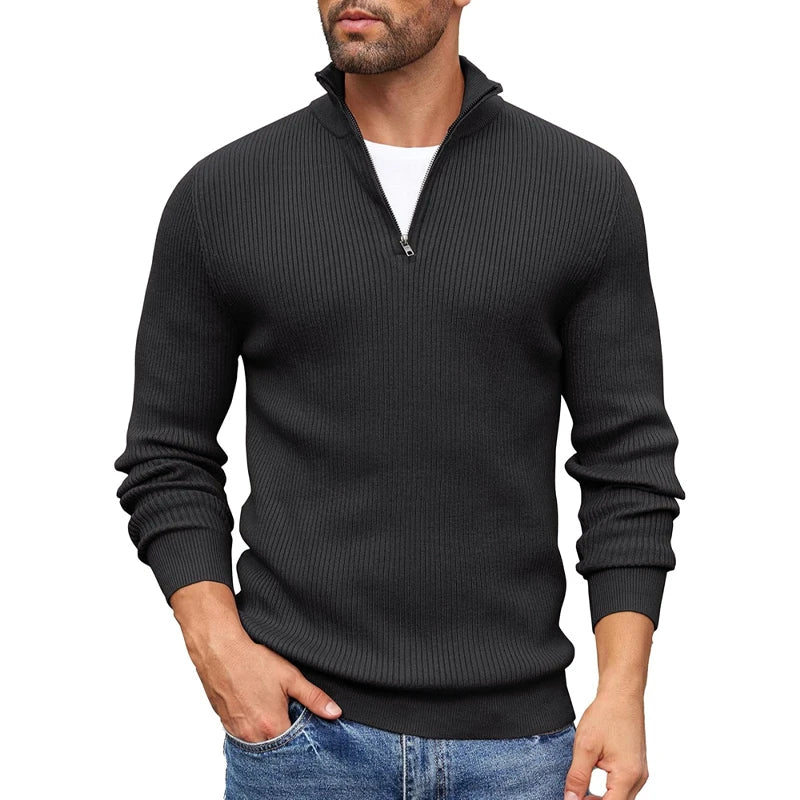 Ribbed Knit Zip-Up Collar Sweater for Men