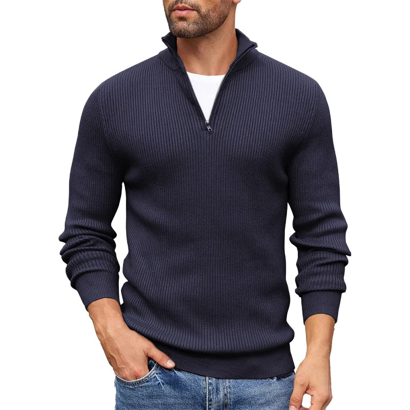 Ribbed Knit Zip-Up Collar Sweater for Men